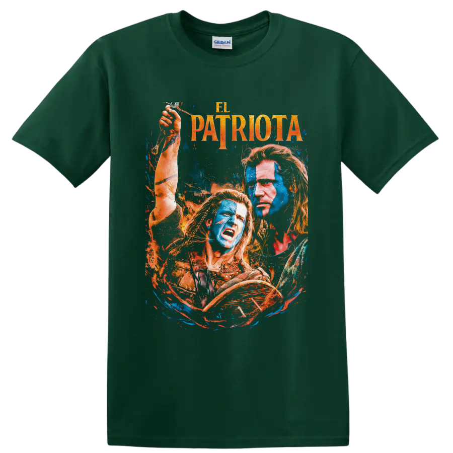 Benjamin Martin with colonial figures in distressed blue and orange The Patriot artwork on a Forest Green T Shirt