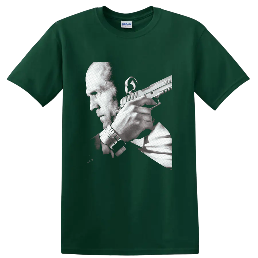 Frank Martin Transporter 3 grayscale action portrait with handgun on a Forest Green T Shirt
