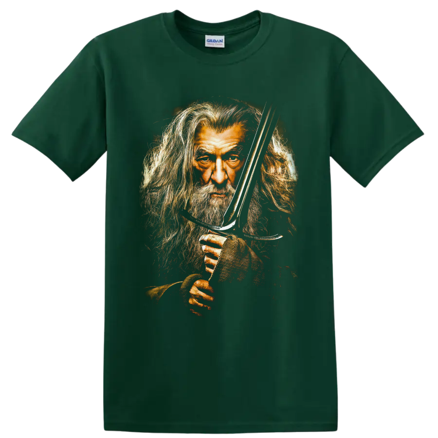 Gandalf portrait with sword in distressed painterly fantasy artwork on a Forest Green T Shirt