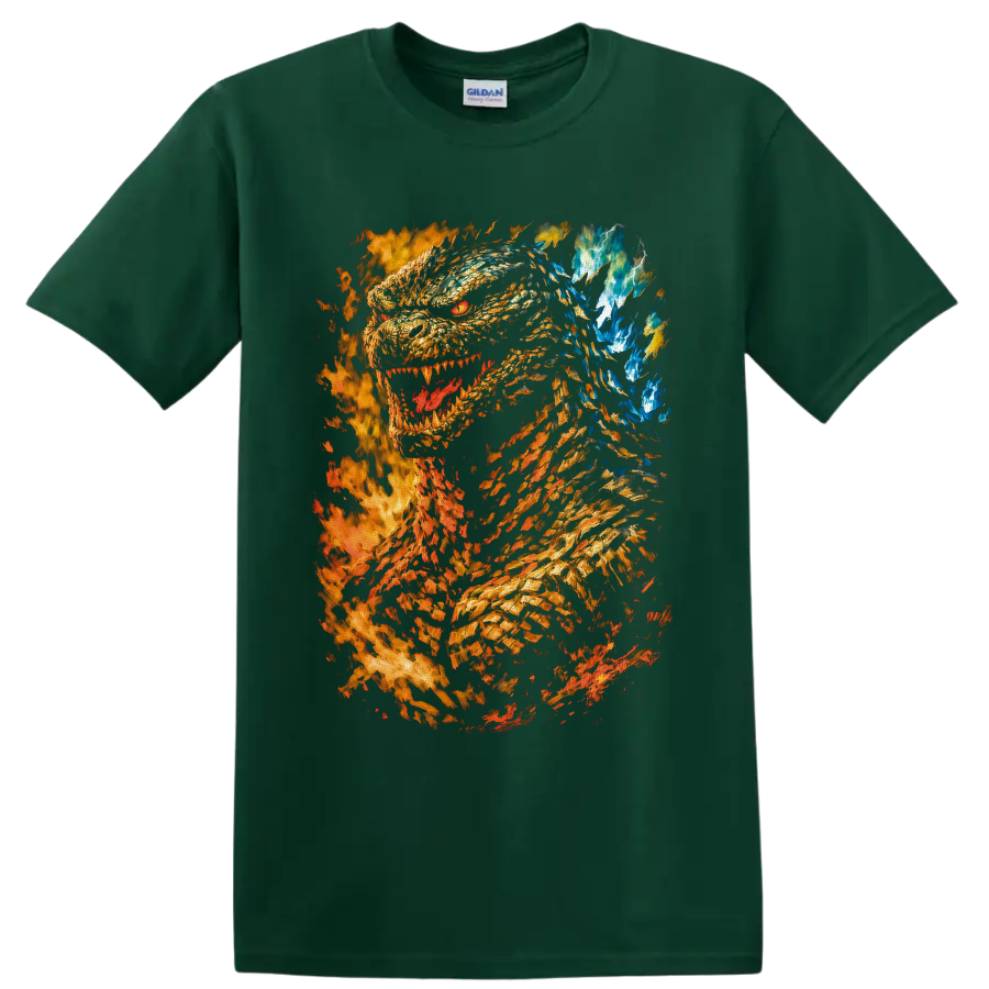 Burning Godzilla roaring amid flames, sparks, blue energy, and lightning on a Forest Green T Shirt