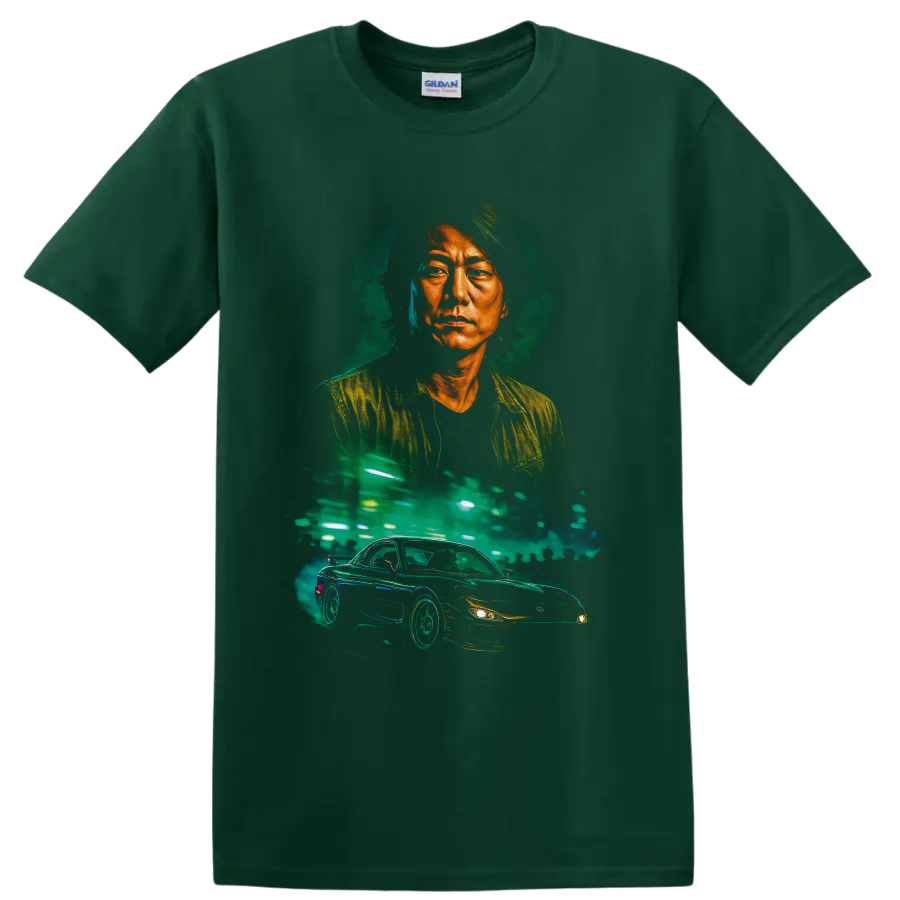 Han Lue neon portrait with a street-racing car and glowing city lights on a Forest Green T Shirt