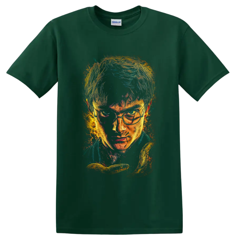 Harry Potter wizard portrait in distressed paint-splatter style with Golden Snitch on a Forest Green T Shirt