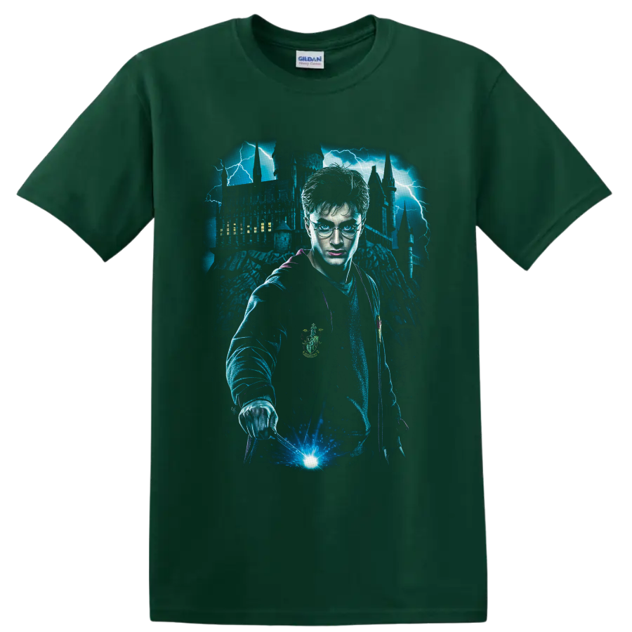 Harry Potter with glowing wand, lightning, and Gothic castle fantasy graphic on a Forest Green T Shirt