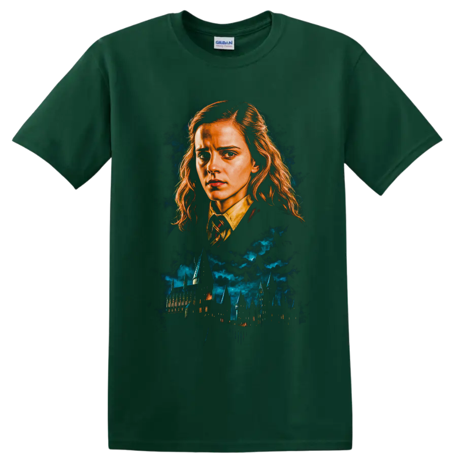 Hermione Granger portrait above Hogwarts castle in dramatic fantasy illustration on a Forest Green T Shirt