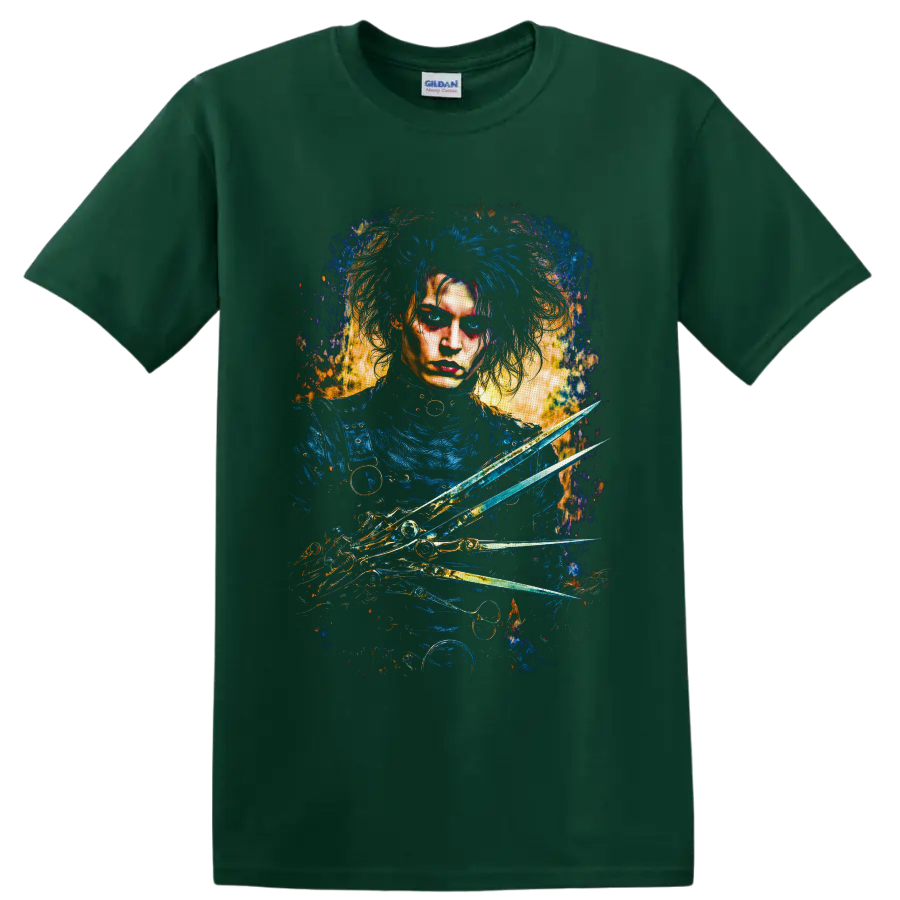 Edward Scissorhands gothic portrait with scissor hands and blue-gold paint splatters on a Forest Green T Shirt