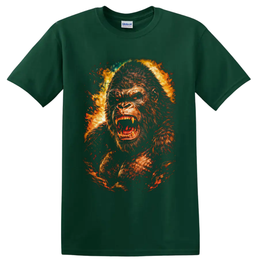 Kong roaring giant ape in fiery distressed monster movie graphic art on a Forest Green T Shirt