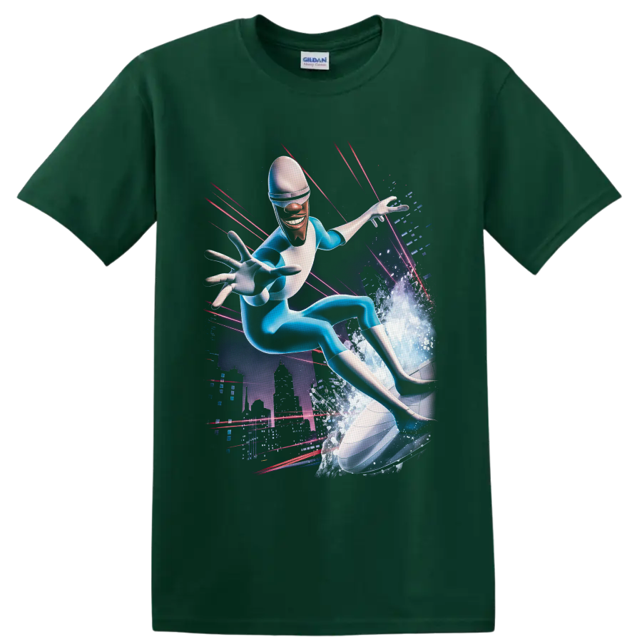 Frozone surfing an ice wave in a neon futuristic city graphic on a Forest Green T Shirt