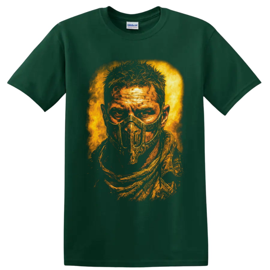 Distressed fiery portrait of a masked Mad Max: Fury Road wasteland figure on a Forest Green T Shirt