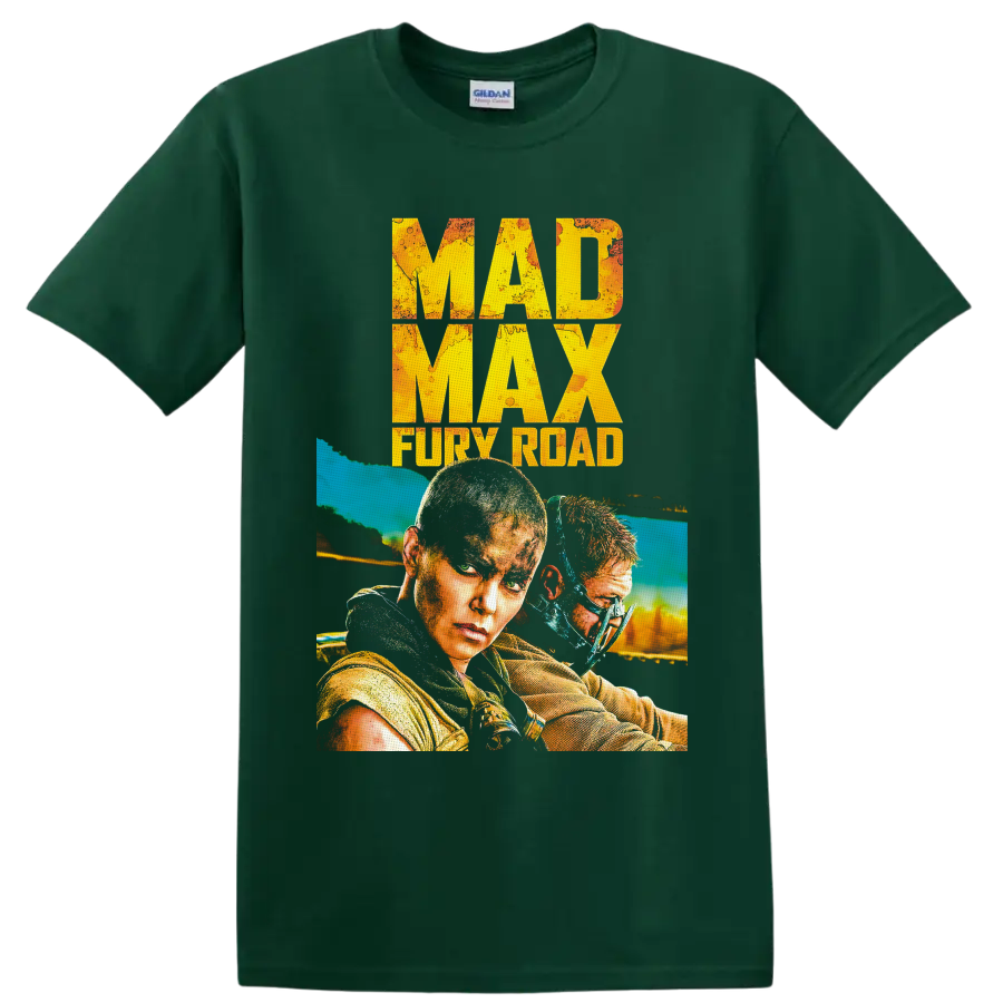 Furiosa and masked warrior in distressed Mad Max Fury Road action poster art on a Forest Green T Shirt