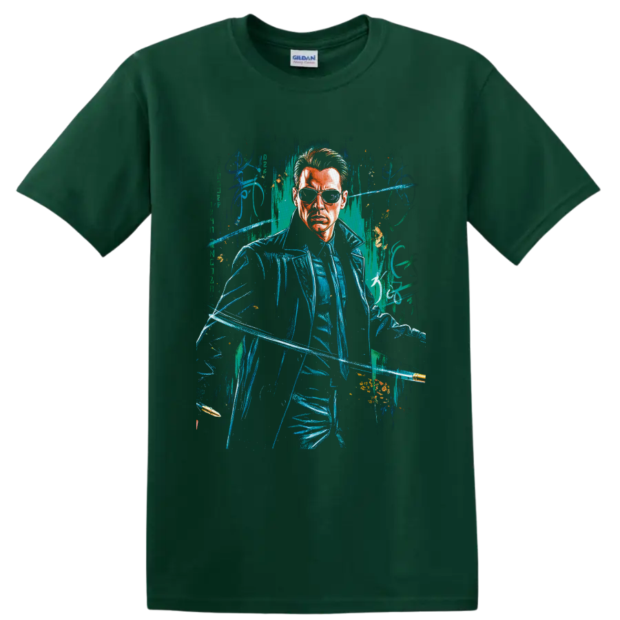 The Matrix cyberpunk sunglasses figure with neon digital distressed artwork on a Forest Green T Shirt
