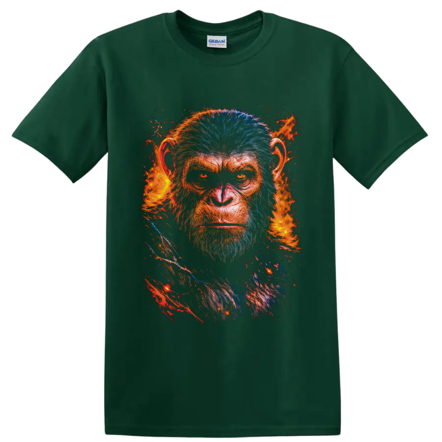 Caesar Planet of the Apes portrait with blue fur, orange flames, and embers on a Forest Green T Shirt