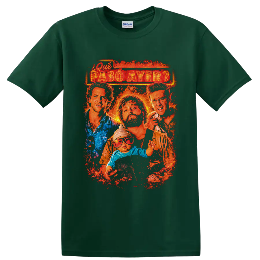 The Hangover cast and baby in fiery distressed marquee movie poster graphic on a Forest Green T Shirt