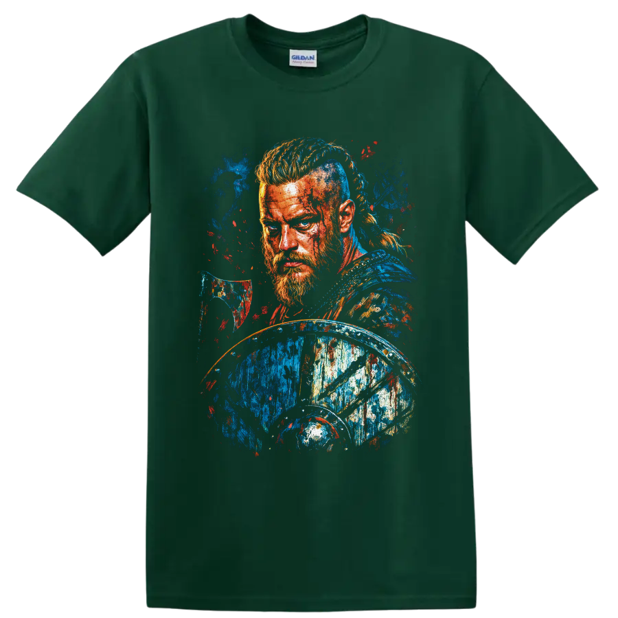 Ragnar Lothbrok warrior portrait with axe and shield in vibrant splatter-paint style on a Forest Green T Shirt