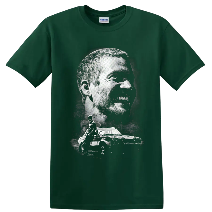 Brian O'Conner portrait and Ford Escort RS2000 in distressed monochrome graphic art on a Forest Green T Shirt
