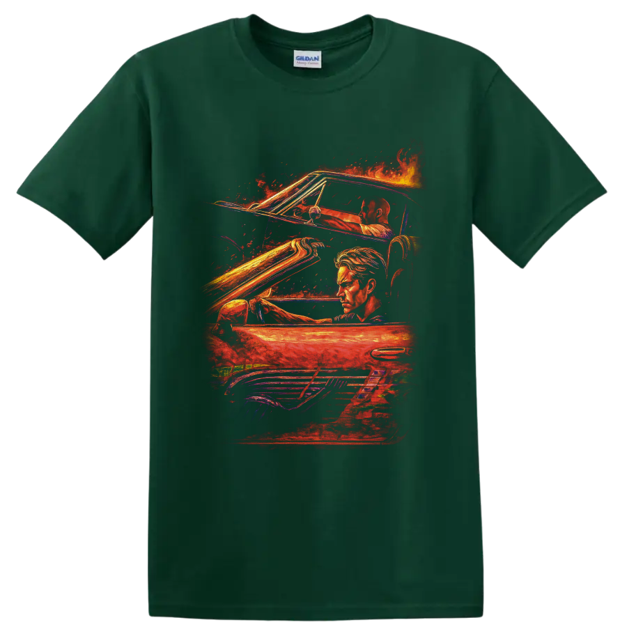 Brian O'Conner fiery street racing art with a performance car and illustrated portrait on a Forest Green T Shirt