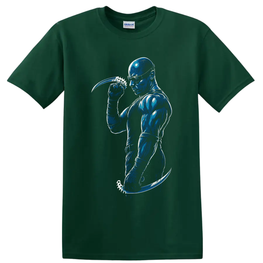 Riddick with goggles and curved blades in distressed blue sci-fi action art on a Forest Green T Shirt