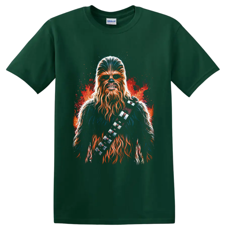 Chewbacca fiery splash-art portrait with bandolier on a Forest Green T Shirt
