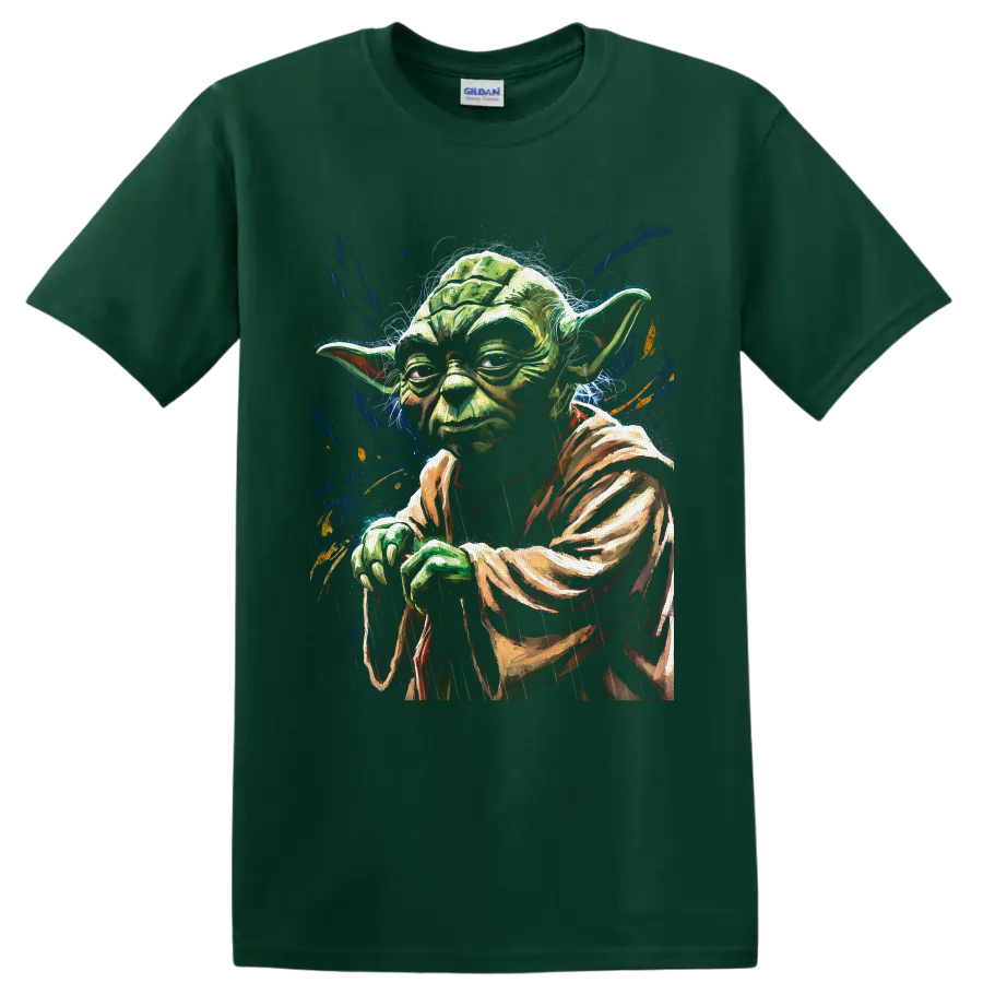 Yoda portrait in painterly galactic paint splash art on a Forest Green T Shirt
