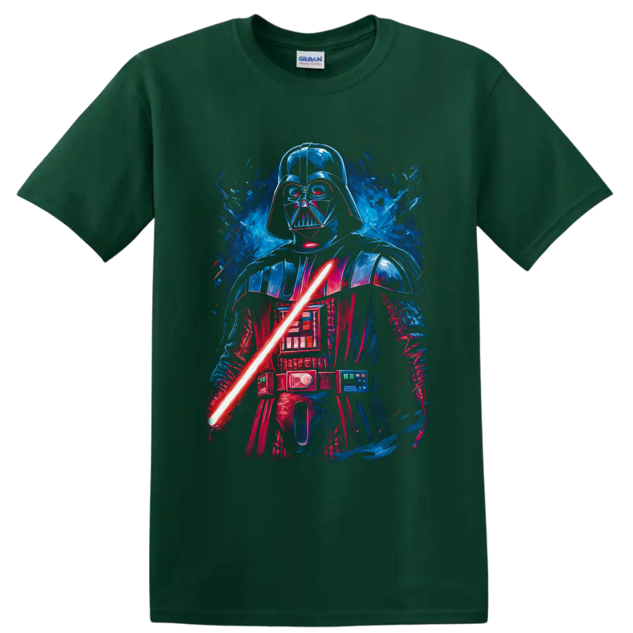 Darth Vader neon-style portrait with red lightsaber and blue sci-fi splatter on a Forest Green T Shirt
