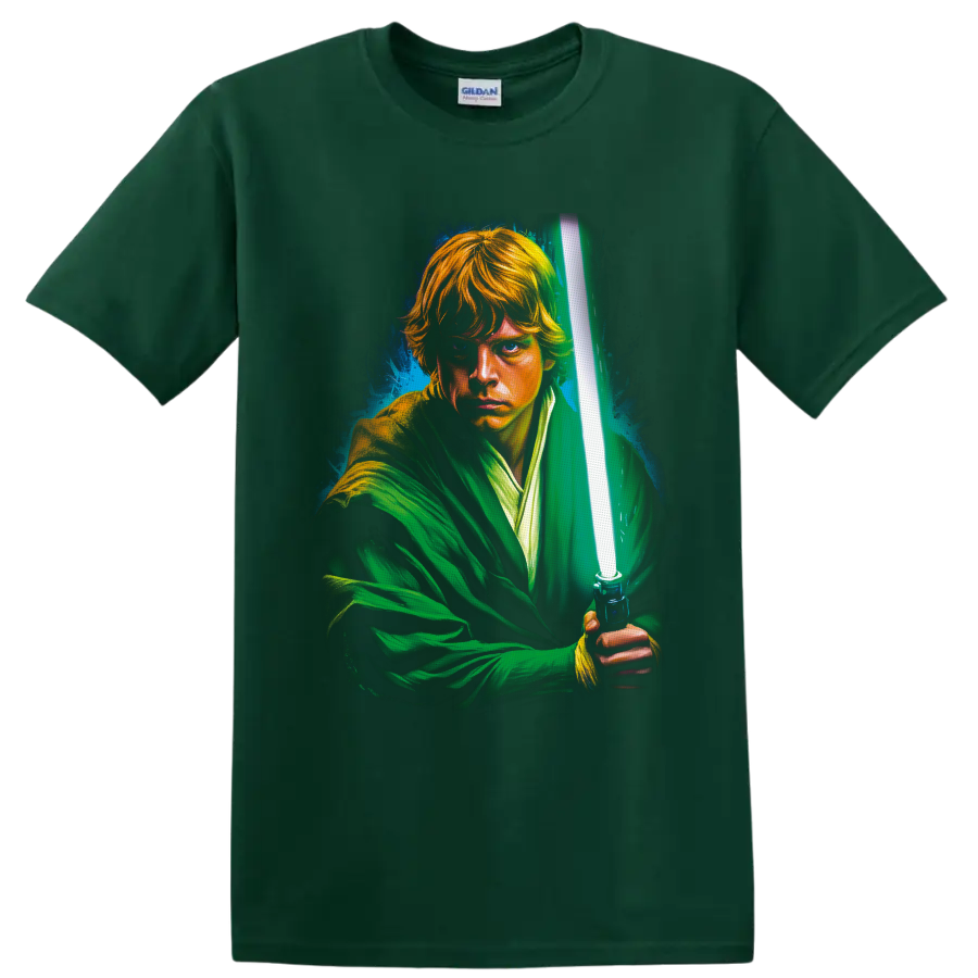 Luke Skywalker painterly portrait holding a glowing green lightsaber on a Forest Green T Shirt