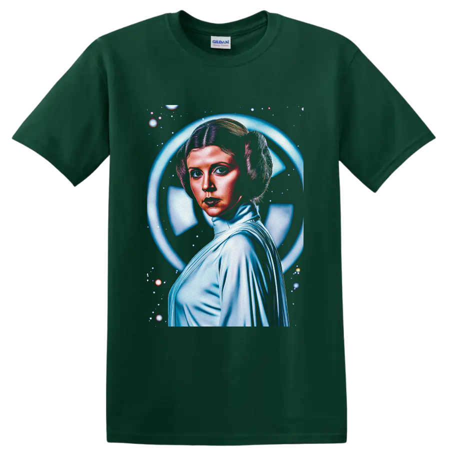 Princess Leia retro space portrait with glowing blue halo and starfield on a Forest Green T Shirt
