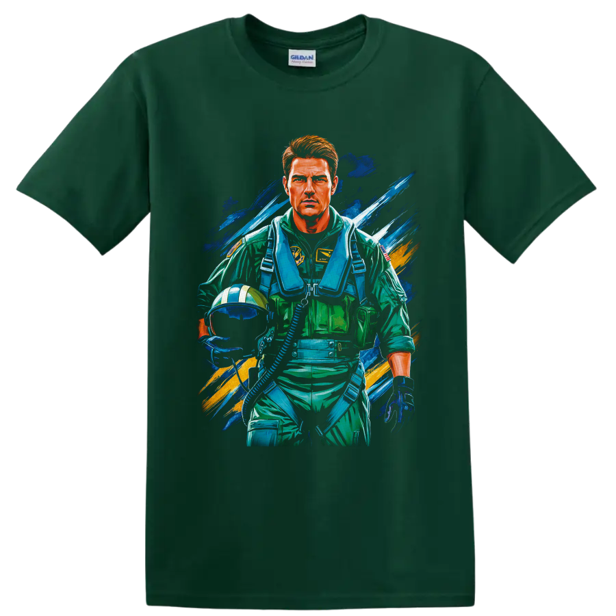 Pete Maverick Mitchell fighter pilot portrait in vibrant Top Gun style on a Forest Green T Shirt