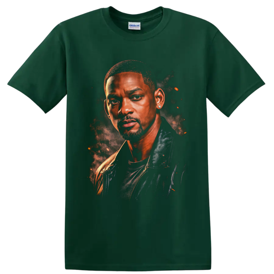 Will Smith cinematic portrait graphic with smoke and glowing ember accents on a Forest Green T Shirt