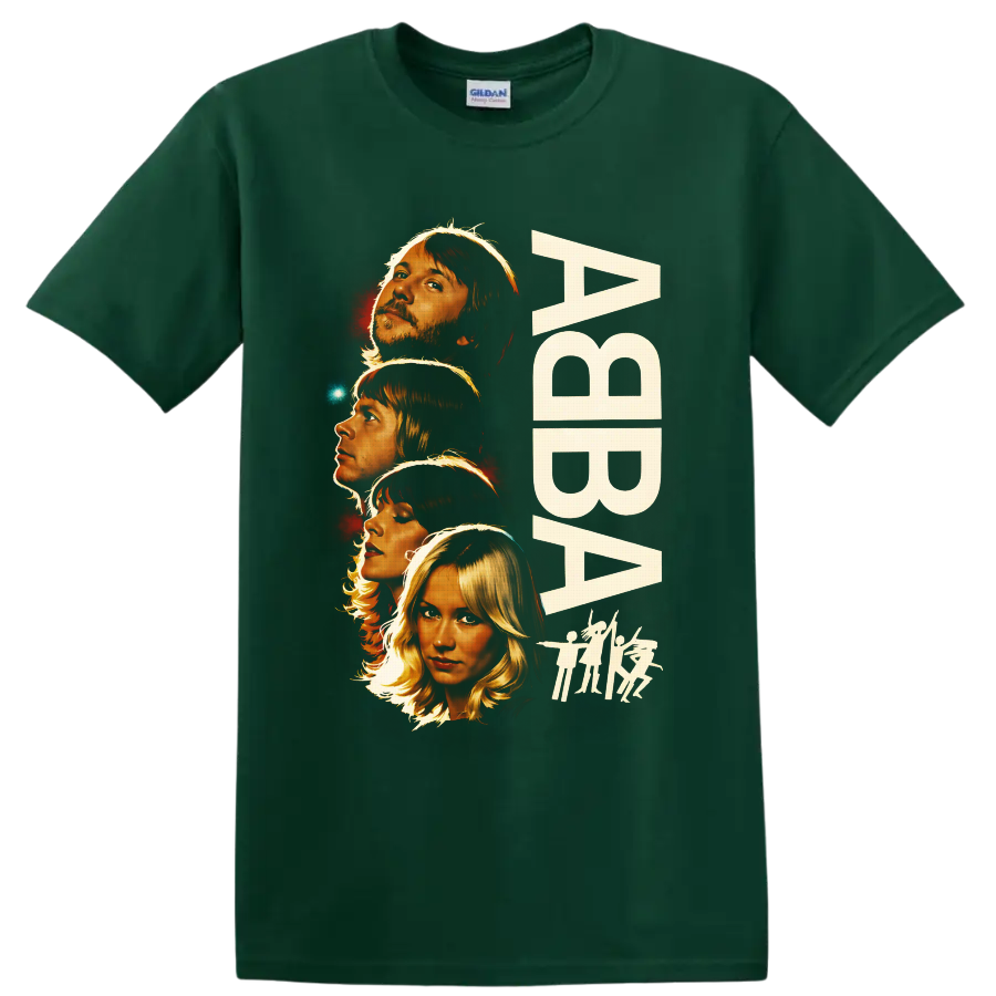 ABBA four-member retro portrait graphic with tall lettering and dancing silhouettes on a Forest Green T Shirt