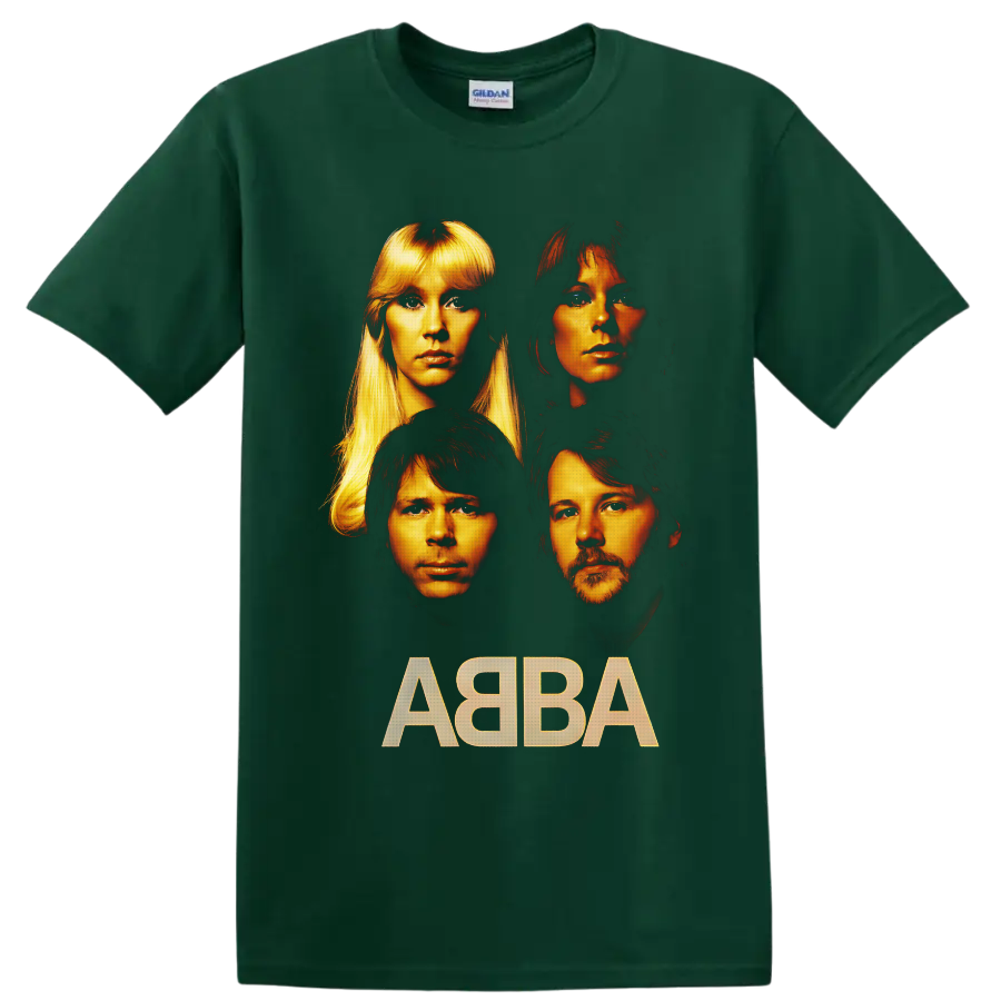 ABBA four-member portraits in dramatic gold and orange with bold ABBA lettering on a Forest Green T Shirt
