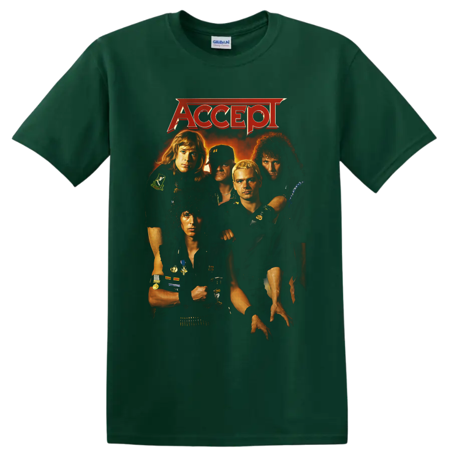 Accept five-member band portrait with red logo and fiery vintage metal poster artwork on a Forest Green T Shirt