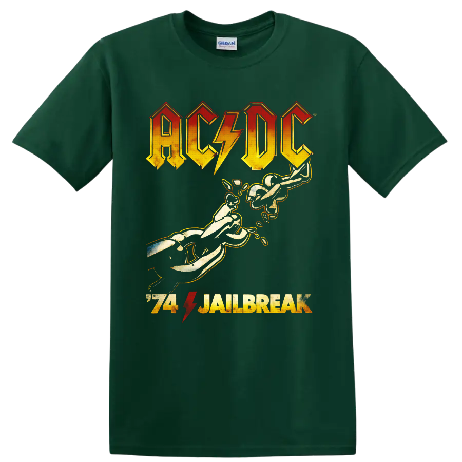 Distressed AC/DC 74 Jailbreak logo with lightning bolt and guitar-playing figures on a Forest Green T Shirt