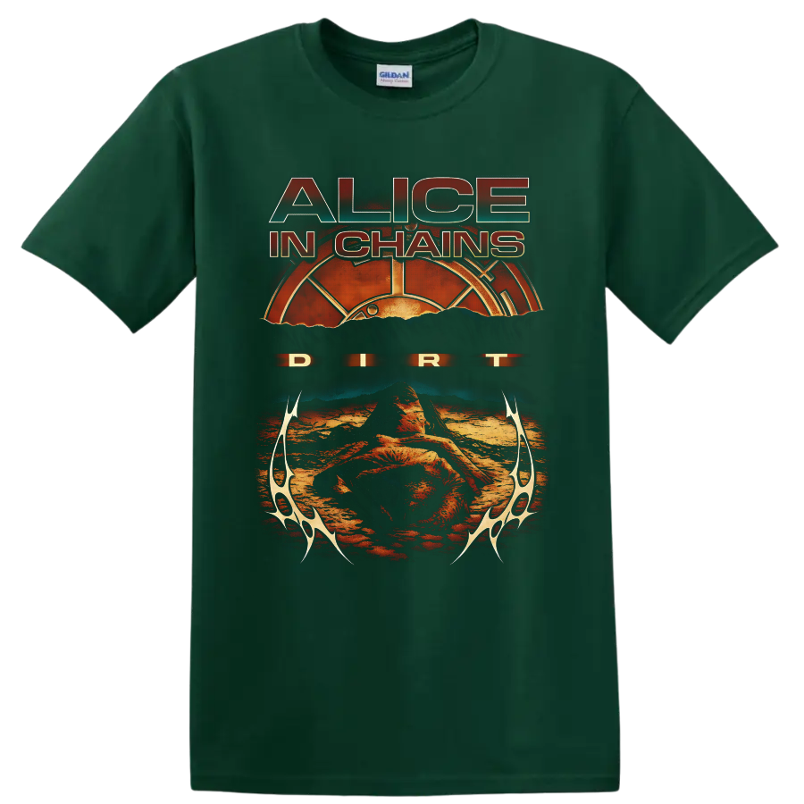 Alice in Chains Dirt album art with distressed text, sunburst, and desert landscape on a Forest Green T Shirt