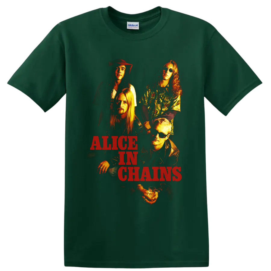 Alice in Chains grunge band portrait with warm lighting and distressed red lettering on a Forest Green T Shirt