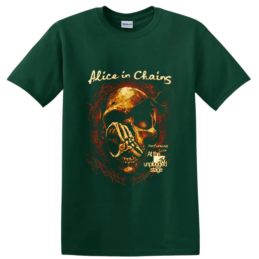 Alice in Chains MTV Unplugged skull, raven, skeletal hand, and red thorn artwork on a Forest Green T Shirt