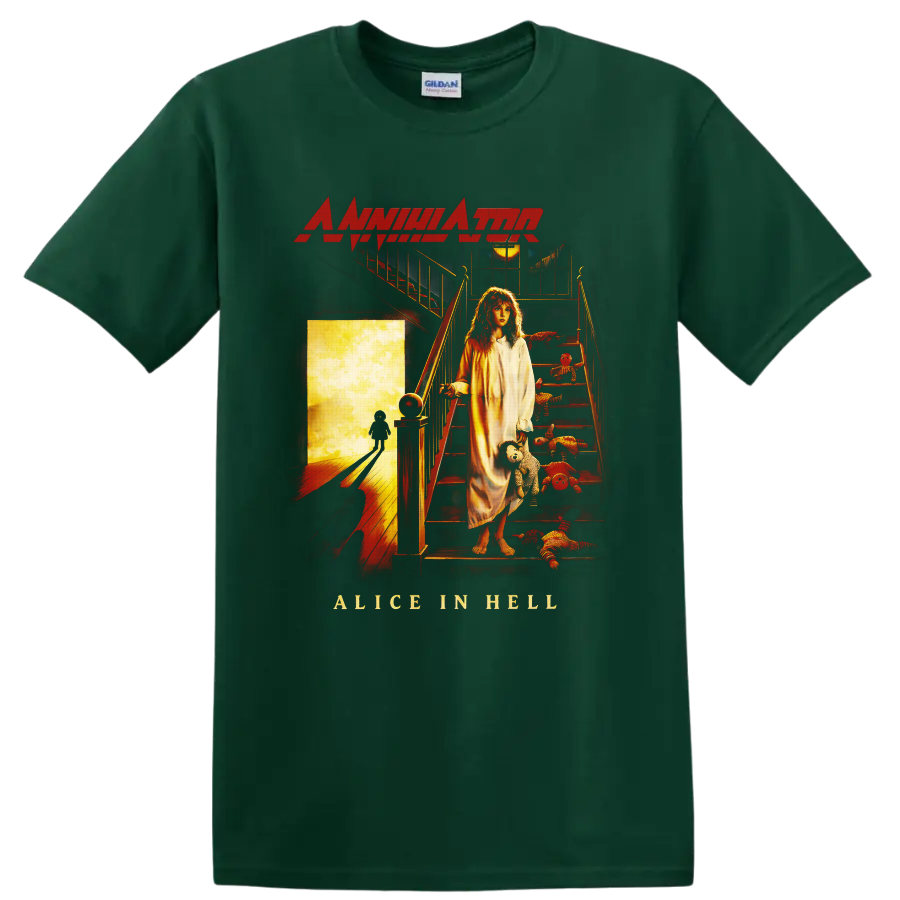 Annihilator Alice in Hell cover art with a girl, staircase, rag dolls, and glowing doorway on a Forest Green T Shirt