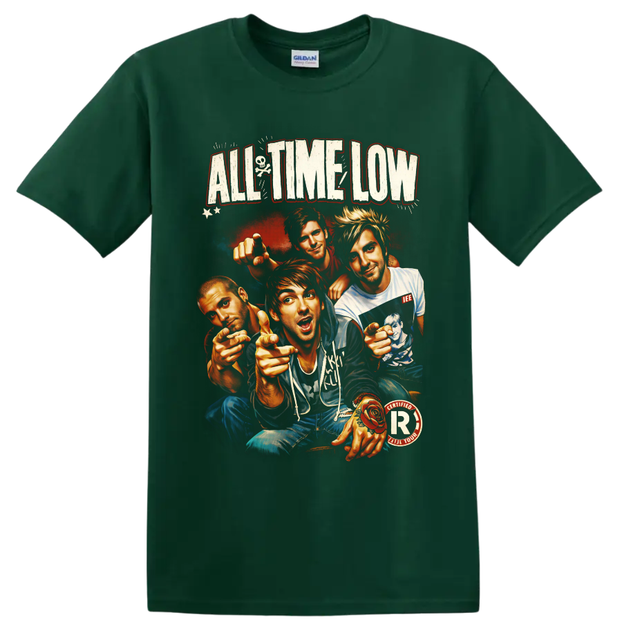 All Time Low four-member illustrated portrait with distressed lettering and punk rock on a Forest Green T Shirt