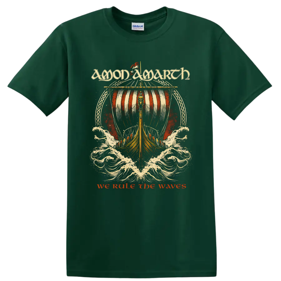 Amon Amarth We Rule the Waves Viking longship and crashing surf metal artwork on a Forest Green T Shirt