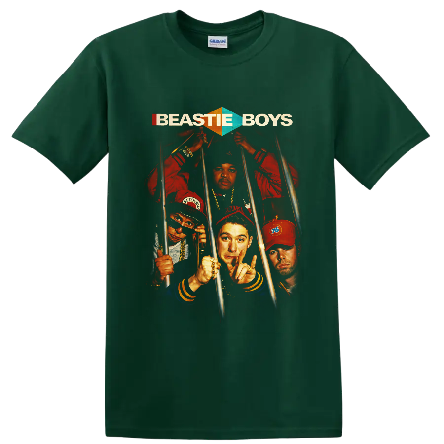 Beastie Boys retro portrait collage behind metal bars with bold logo text on a Forest Green T Shirt