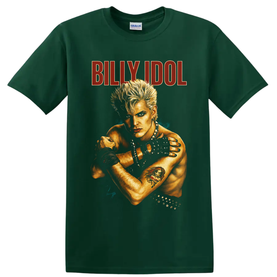 Billy Idol Whiplash Smile punk rock portrait with spiky hair and red BILLY IDOL text on a Forest Green T Shirt