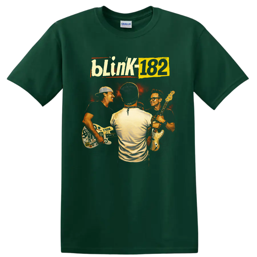 Blink-182 retro concert portrait of three musicians with guitars and fiery backdrop on a Forest Green T Shirt