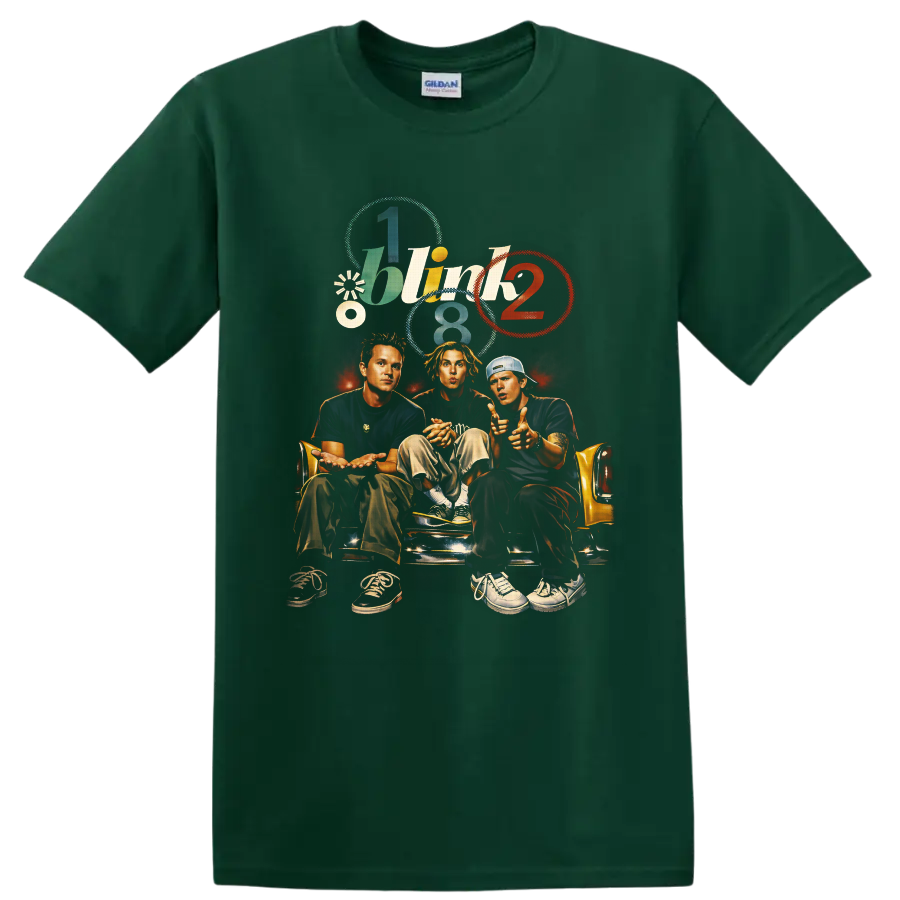 Blink 182 illustrated band portrait on yellow couch with colorful retro number graphics on a Forest Green T Shirt