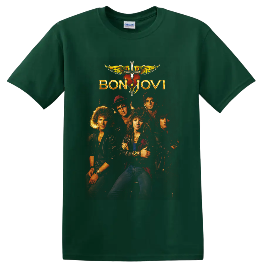 Bon Jovi five-member rock band portrait with gold logo and winged heart dagger emblem on a Forest Green T Shirt