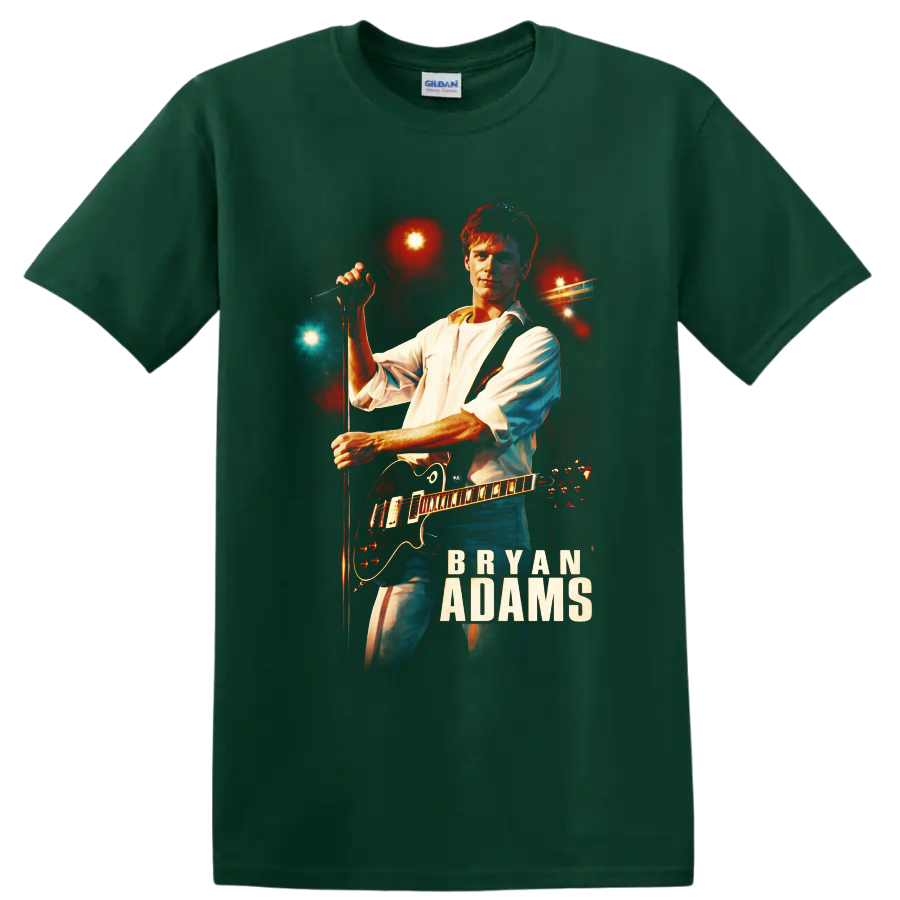Bryan Adams guitarist at microphone with electric guitar and glowing concert lights on a Forest Green T Shirt