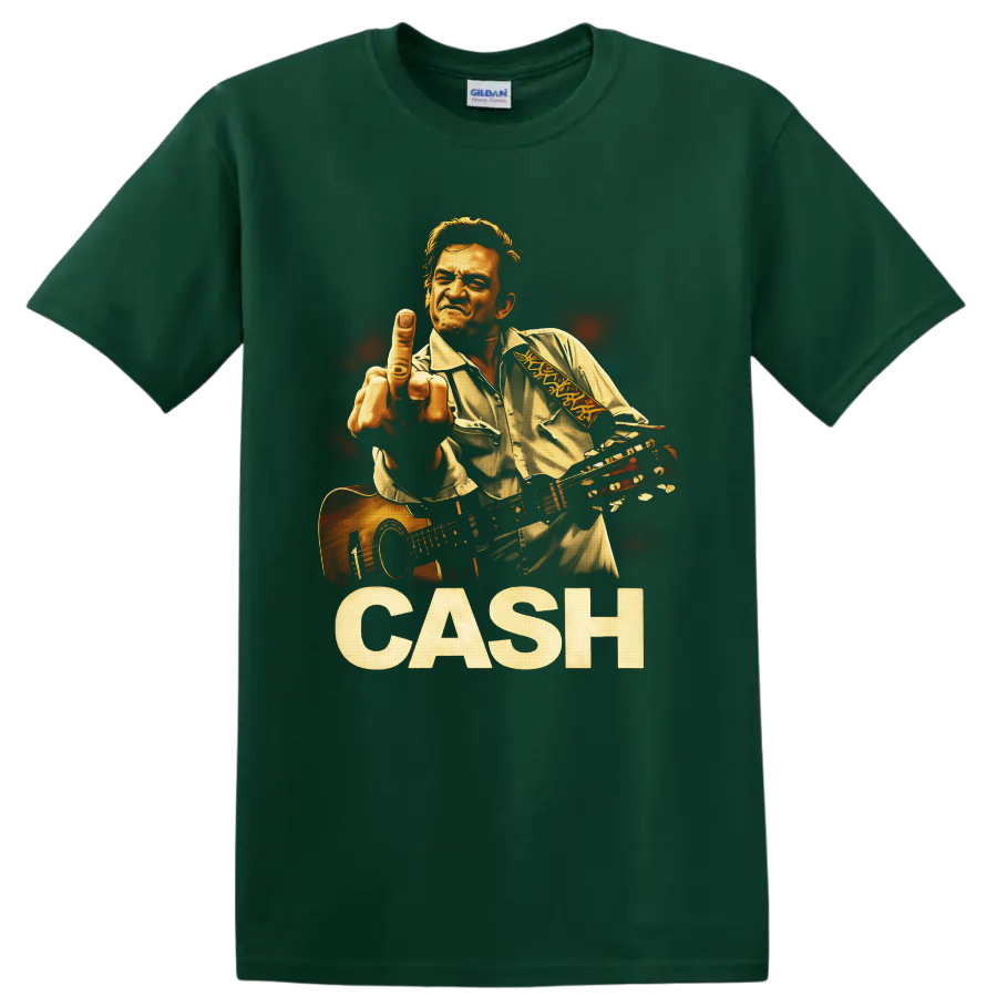 Johnny Cash illustrated guitar portrait with raised hand and distressed CASH lettering on a Forest Green T Shirt