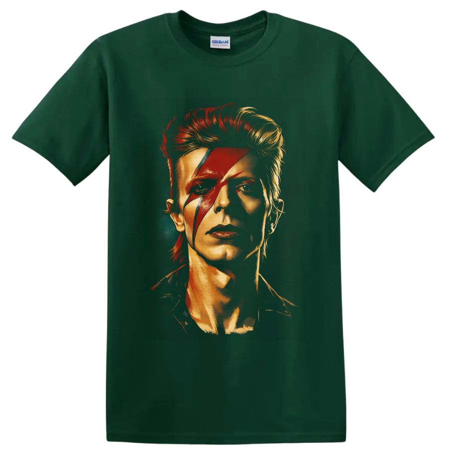 David Bowie Aladdin Sane portrait with red lightning bolt and glam rock styling on a Forest Green T Shirt