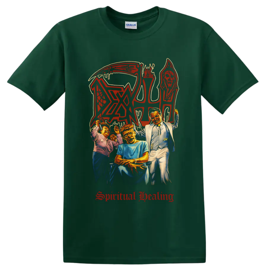 Death Spiritual Healing album art with hooded skull, figures, red logo and gothic text on a Forest Green T Shirt