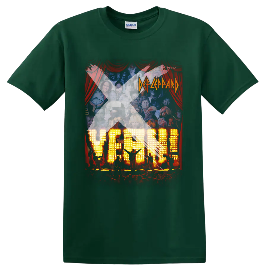 Def Leppard Yeah! album-style concert collage with red curtains and glowing stage on a Forest Green T Shirt
