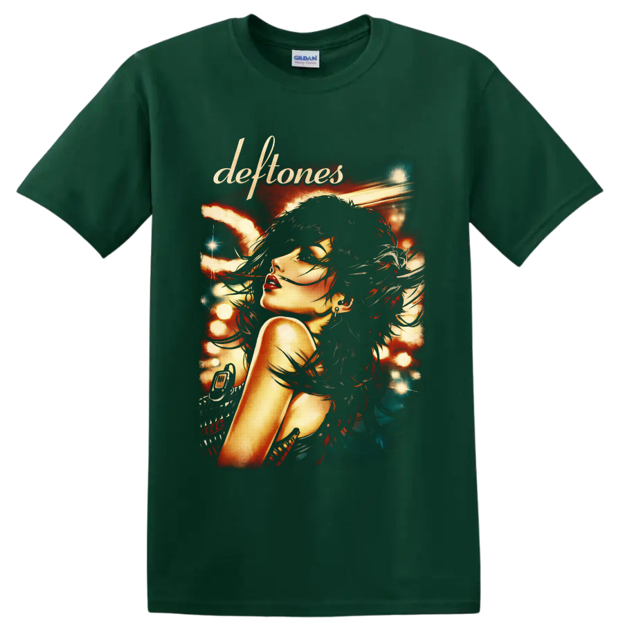 Deftones gothic woman portrait with windswept hair and glowing concert-poster lights on a Forest Green T Shirt