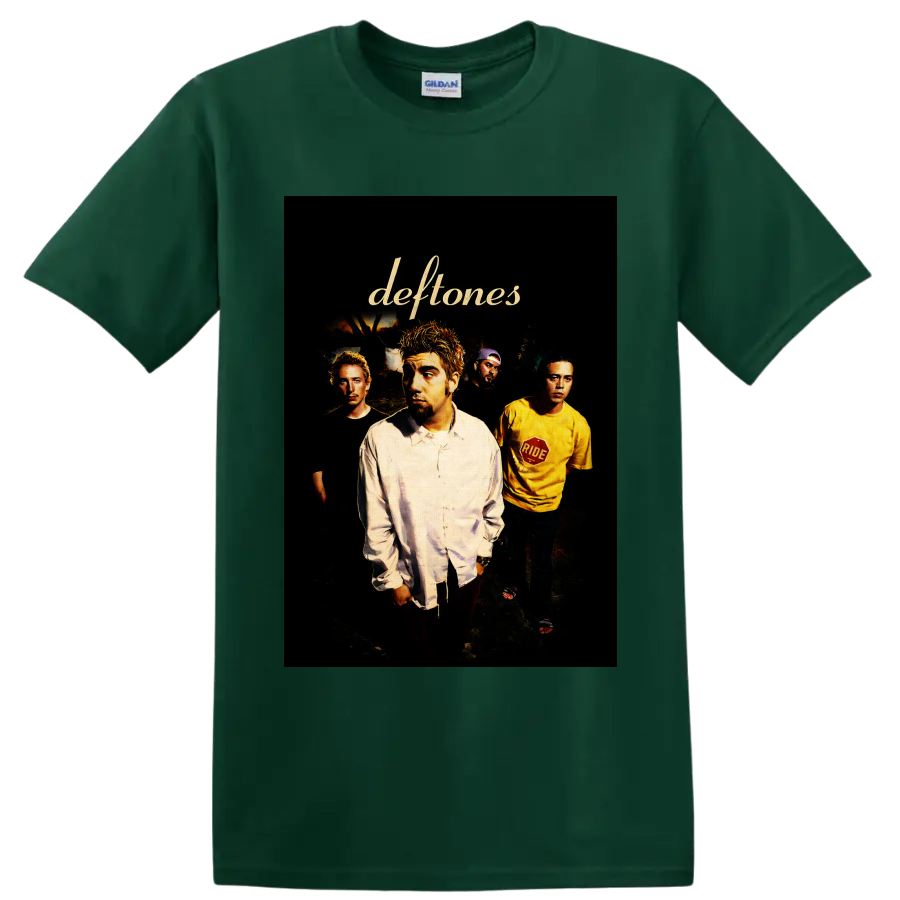 Deftones band portrait with Chino Moreno and gold script logo on a Forest Green T Shirt