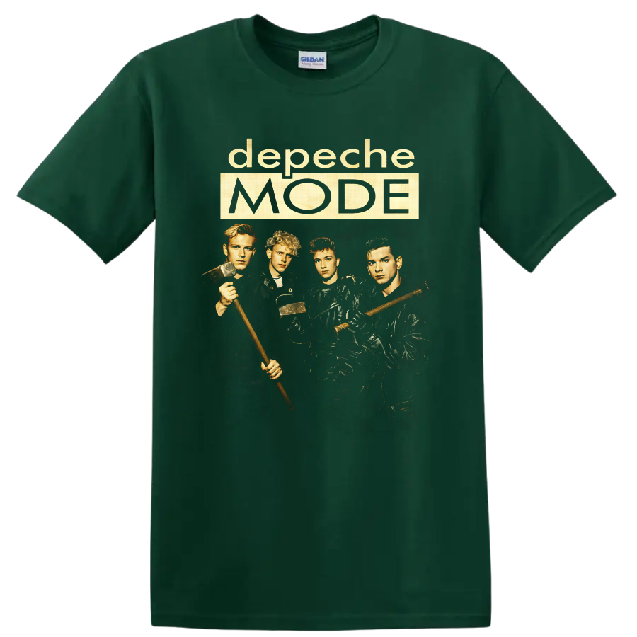 Depeche Mode Construction Time Again band portrait with hammers and cream logo text on a Forest Green T Shirt
